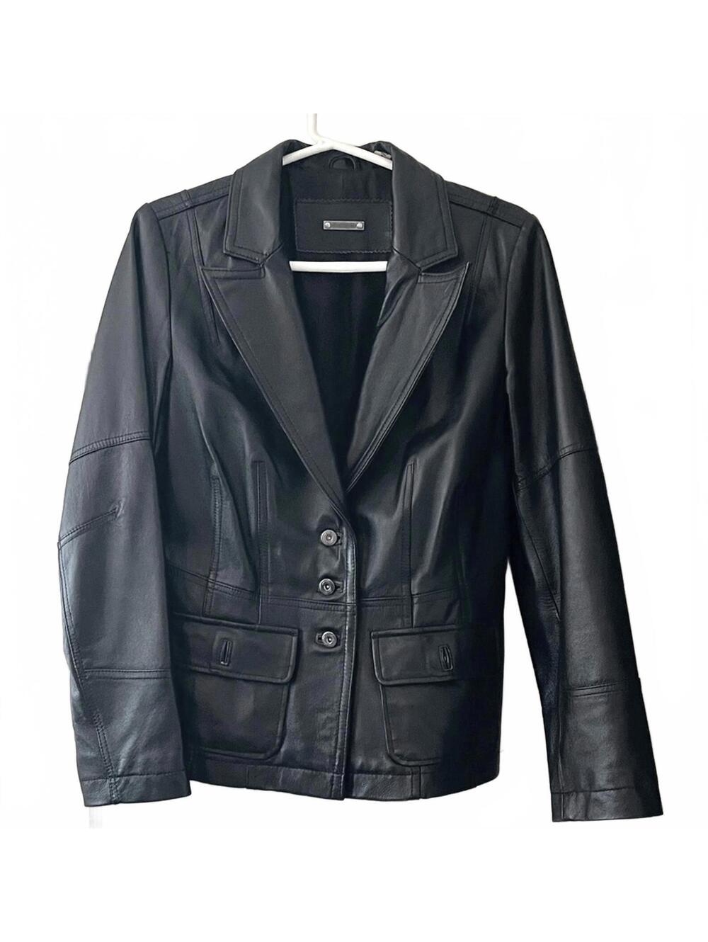 Women's Black Leather Blazer Jacket Classic Tailored Button Front Outerwear